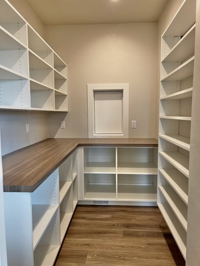 Walk-in pantry with grocery door.